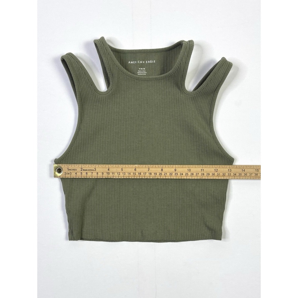American Eagle Tank Top Womens Medium Sage Green Ribbed Cropped Cold Shoulder - Picture 3 of 9